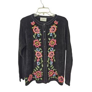 Vintage Jennys Womens Cottagecore Embroidered Cardigan Size M Black Floral Cozy